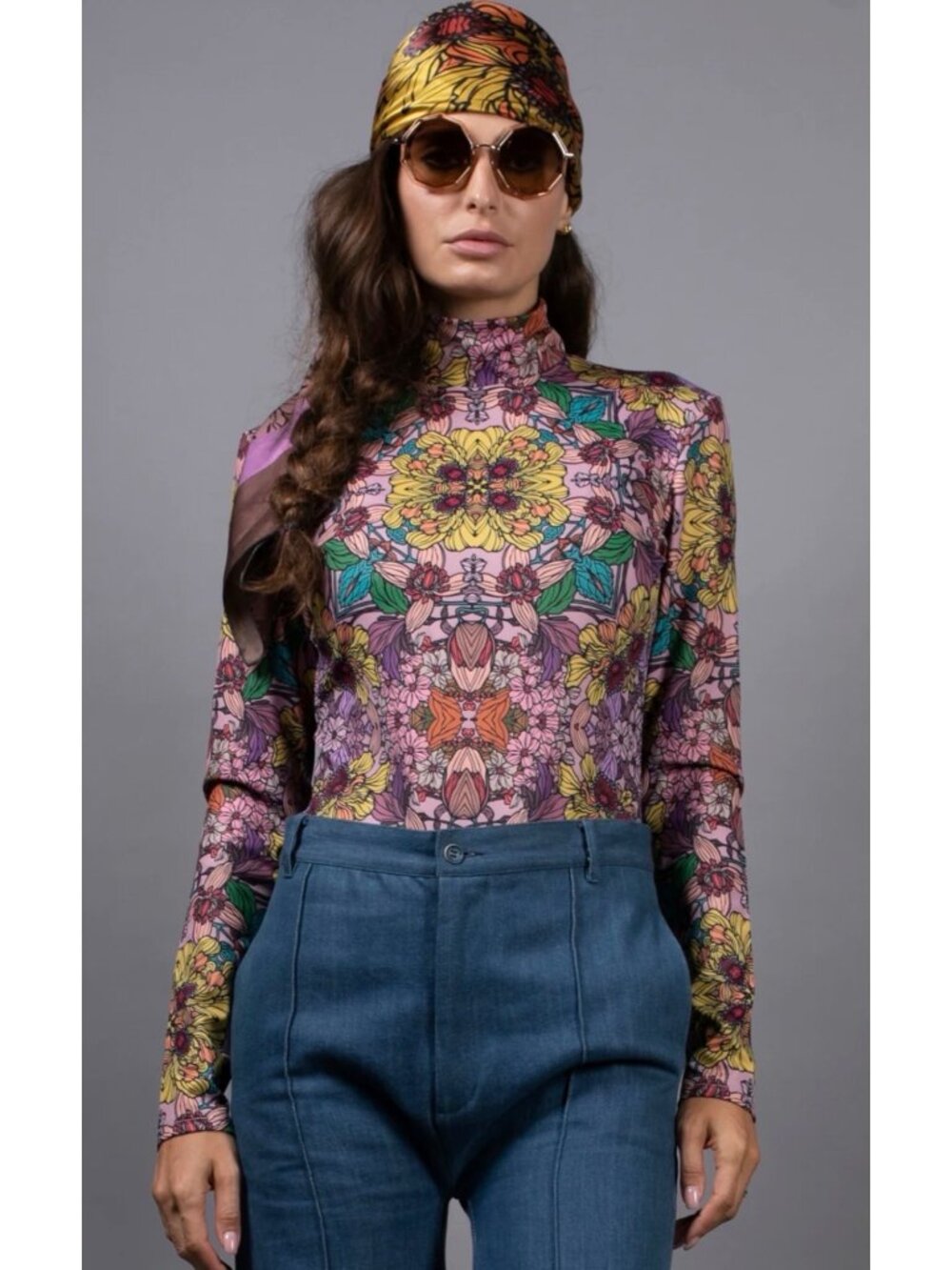 Nuvula Violet Garden Floral Boho Psychedelic Turtleneck Blouse XS